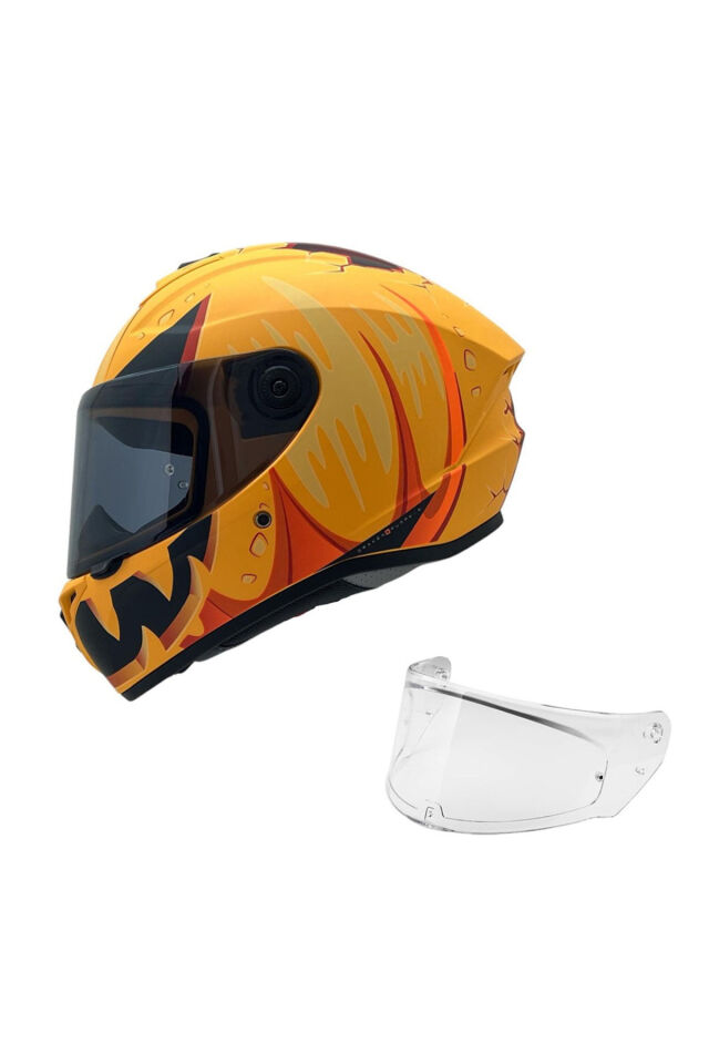 Draken S Pumpkin C3 Matt Yellow Kapalı Motosiklet Kaskı + Siyah Yedek Vizör Turuncu - XL