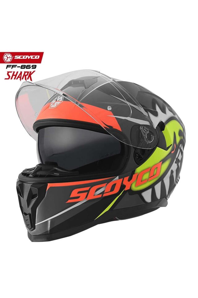 FF-869 Shark Full Face(Kapalı) - Güneş Vizörlü (Gözlüklü) Motorsiklet Kaskı (Dot-CE Sertifikalı) XL
