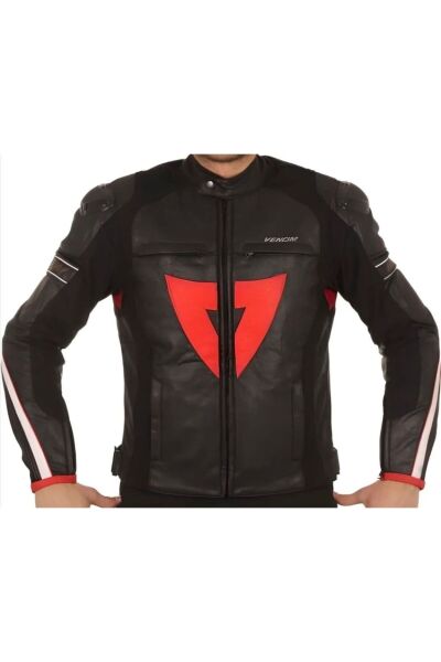 VENOM D1 Motosiklet Montu Deri 4 Mevsim Leather Racing Mont Siyah-Kırmızı M