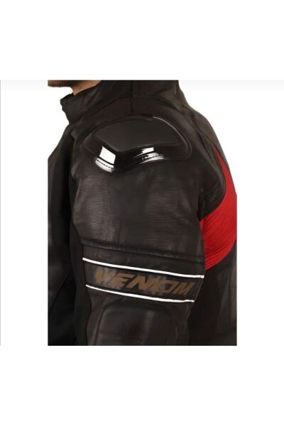 VENOM D1 Motosiklet Montu Deri 4 Mevsim Leather Racing Mont Siyah-Kırmızı M