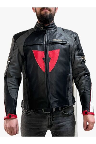 VENOM D1 Motosiklet Montu Deri 4 Mevsim Leather Racing Mont Siyah-Kırmızı M