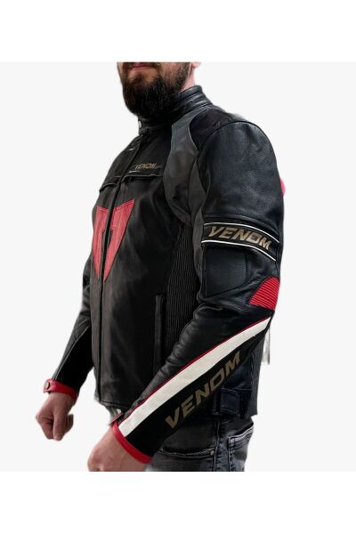 VENOM D1 Motosiklet Montu Deri 4 Mevsim Leather Racing Mont Siyah-Kırmızı 3XL