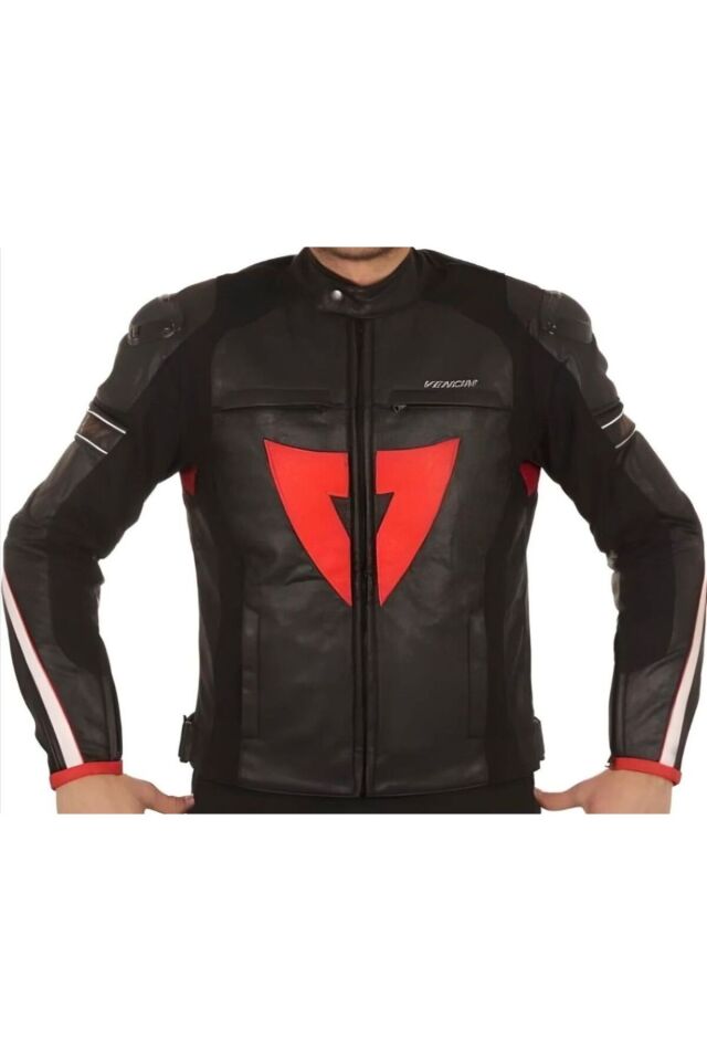 VENOM D1 Motosiklet Montu Deri 4 Mevsim Leather Racing Mont Siyah-Kırmızı L