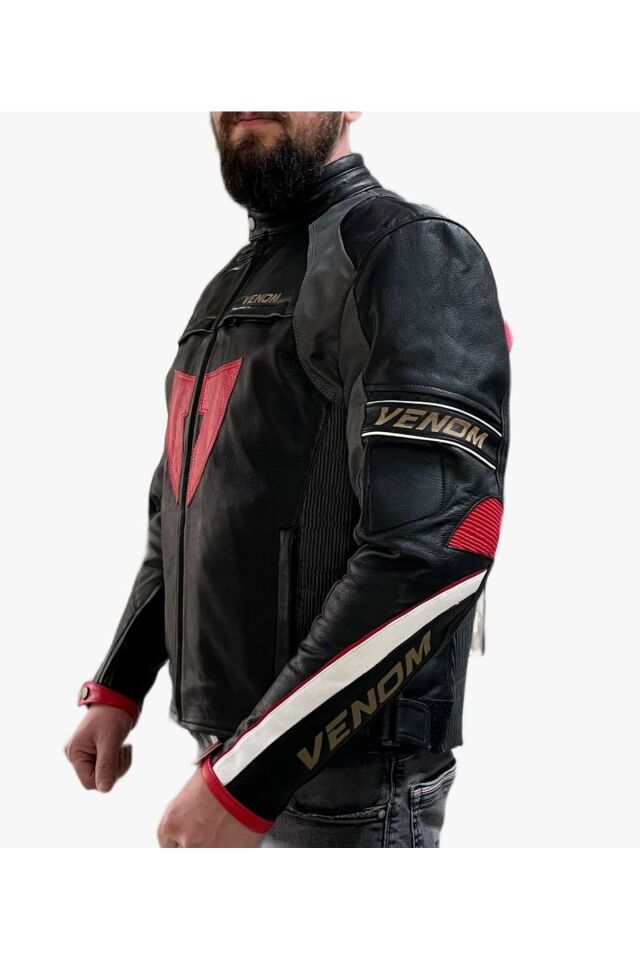 VENOM D1 Motosiklet Montu Deri 4 Mevsim Leather Racing Mont Siyah-Kırmızı XL