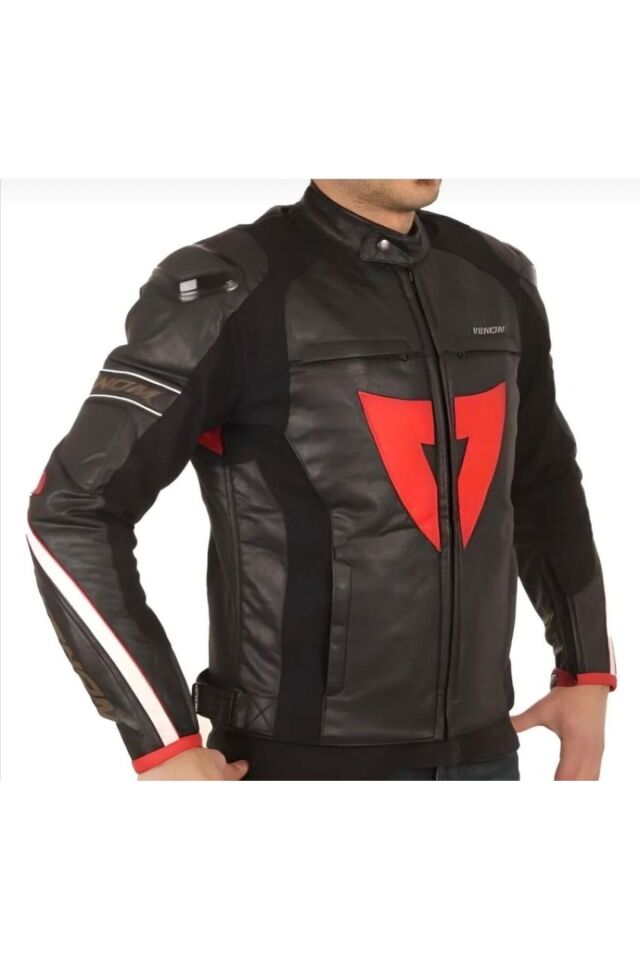 VENOM D1 Motosiklet Montu Deri 4 Mevsim Leather Racing Mont Siyah-Kırmızı XL
