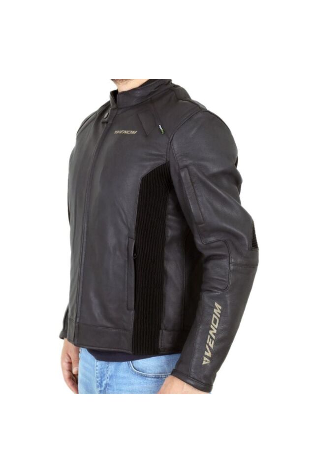 VENOM D2 Motosiklet Montu Deri 4 Mevsim Leather Racing Mont Siyah
