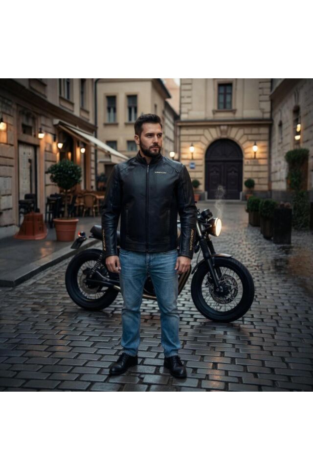 VENOM D2 Motosiklet Montu Deri 4 Mevsim Leather Racing Mont Siyah M