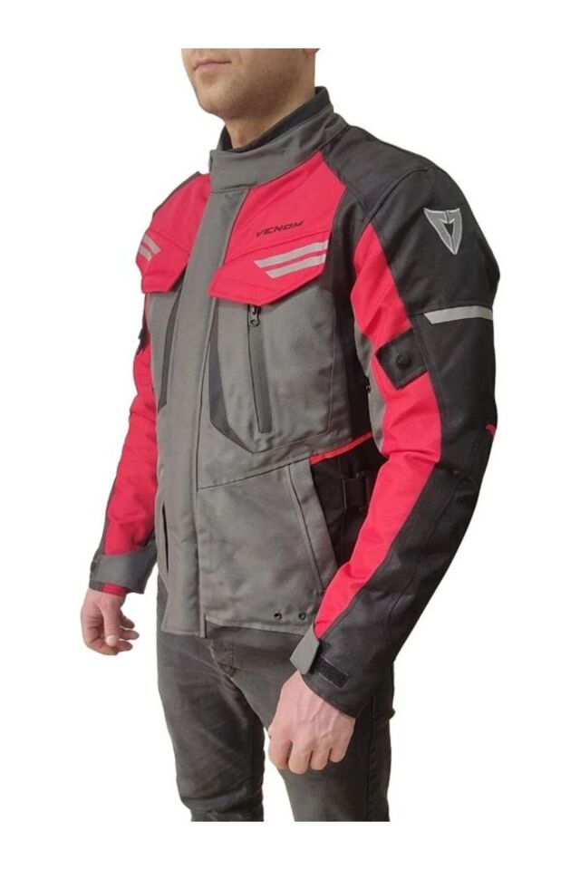 VENOM Kopenhag Motosiklet Montu Gri-Kırmızı Full Koruma Motorcu Montu L