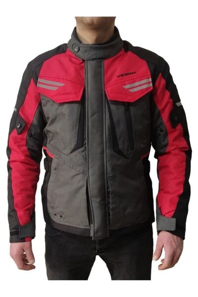 VENOM Kopenhag Motosiklet Montu Gri-Kırmızı Full Koruma Motorcu Montu 5XL