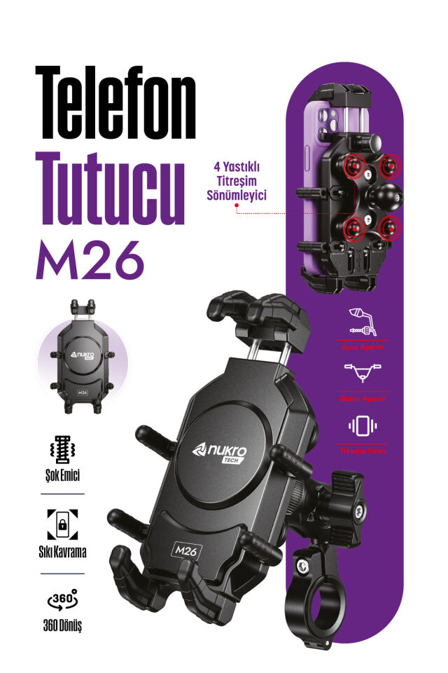 M26 TİTREŞİM MODULLÜ UNIVERSAL MOTOSİKLET TELEFON TUTUCU (AYNA VE GİDON BAĞLANTILI)